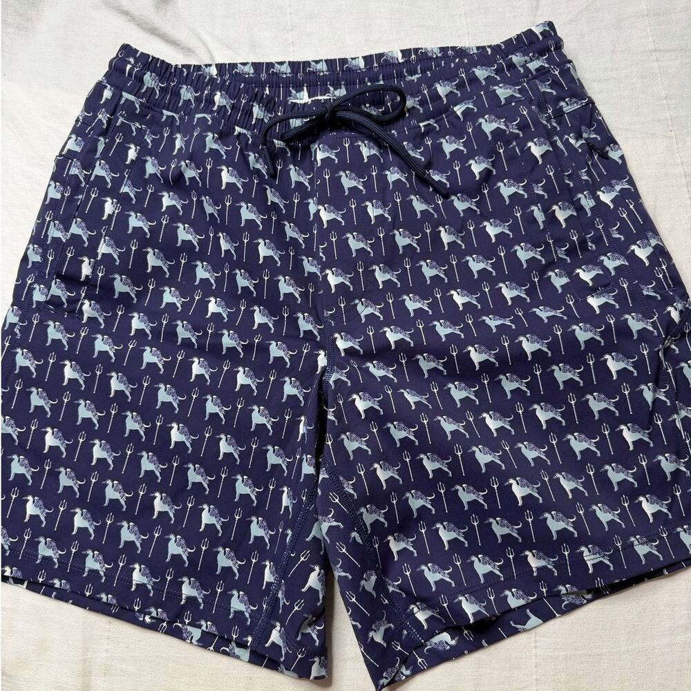 Birddogs Navy Blue Printed Lined Swim Shorts Elastic Waist Medium Men's